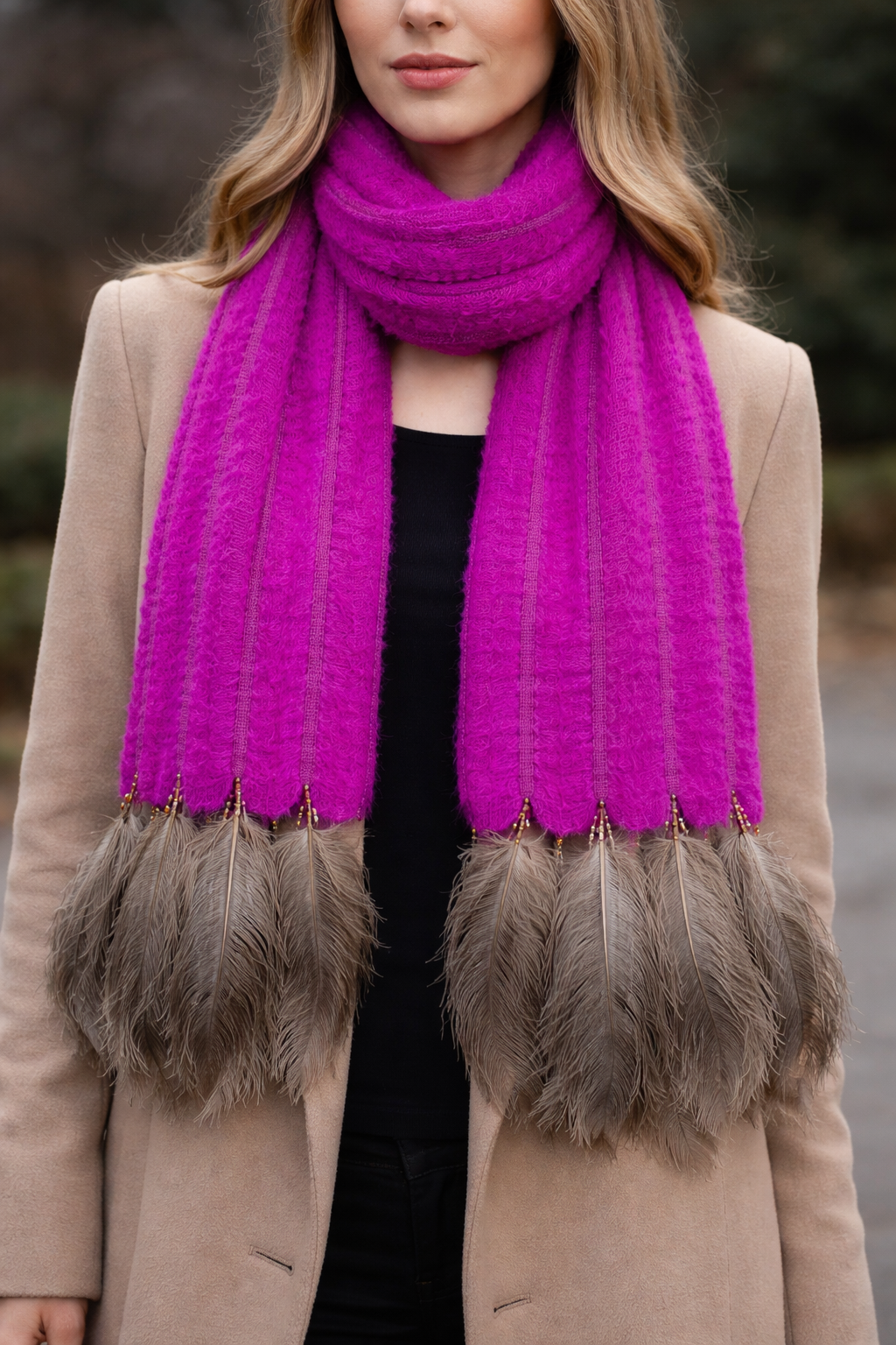 5 Row Mohair Scarf with 5 feathers
