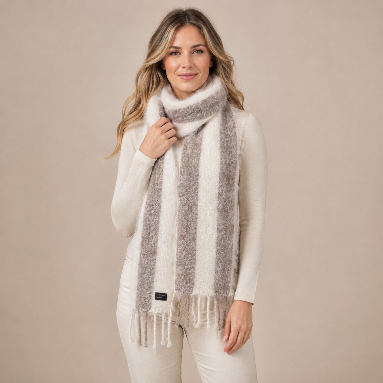 Mohair Scarf Natural and Taupe Striped 1.8 x 2.15m