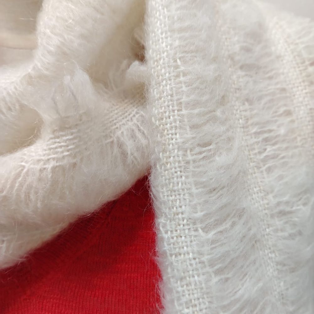 Mohair Scarf with 9 Rows and Feathers — Optic White close-up on mannequin