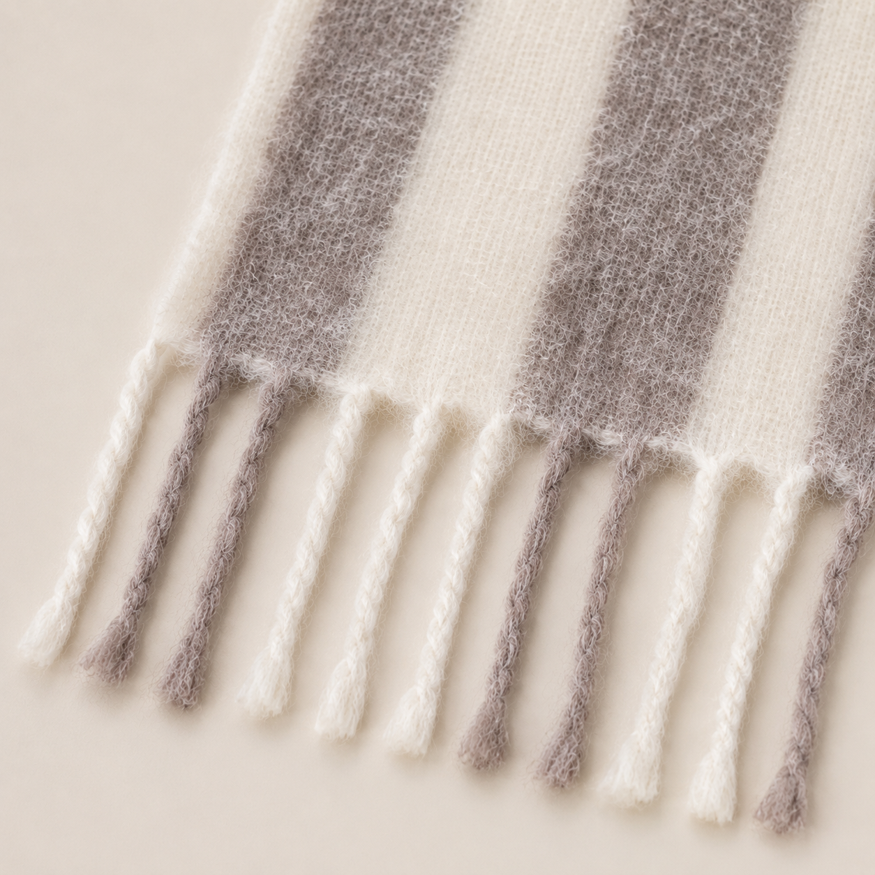 Mohair Scarf Natural and Taupe Striped 1.8 x 2.15m