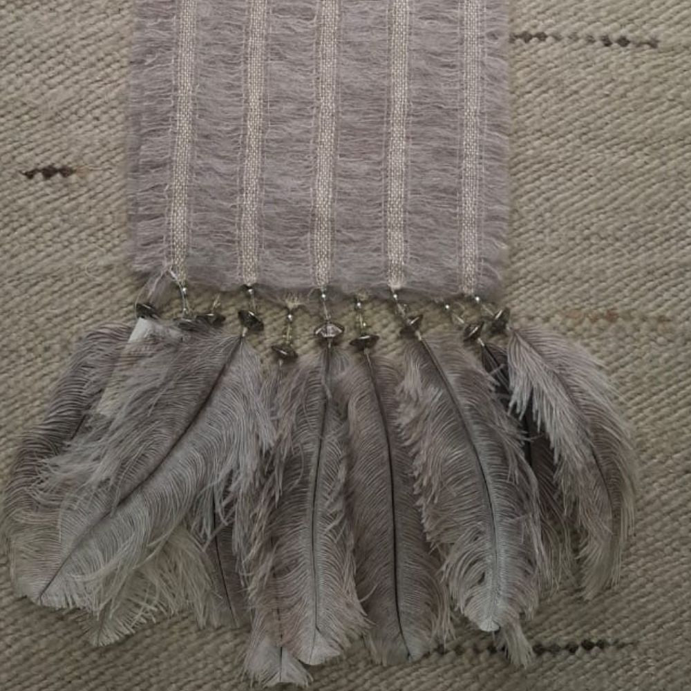 Mohair Scarf with 5 Rows, Beads and Feathers