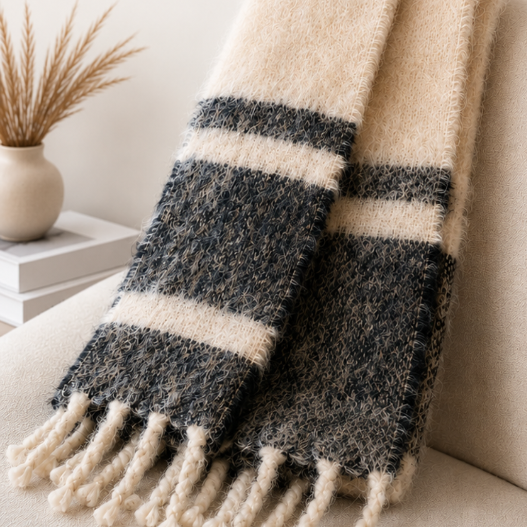 Mohair Scarf Natural & Black Striped .20 x 1.70m BM