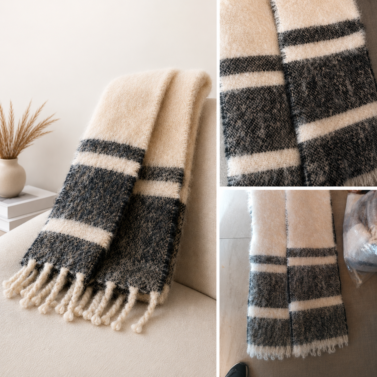 Mohair Scarf Natural & Black Striped .25 x 1.70m BM