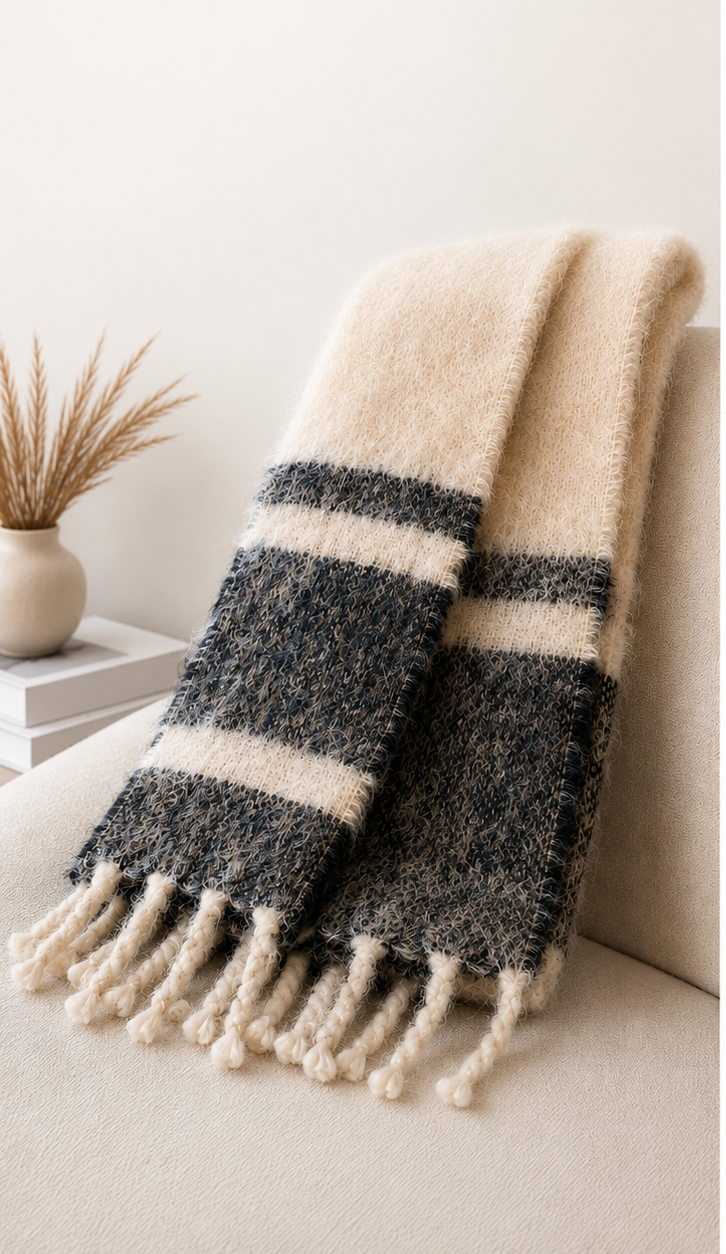 Mohair Scarf Natural & Black Striped .20 x 1.70m BM